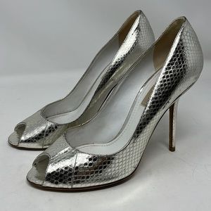 BURBERRY Silver Snakeskin Peep Toe Heel Metallic Euro 38 US 7.5 Made in Italy